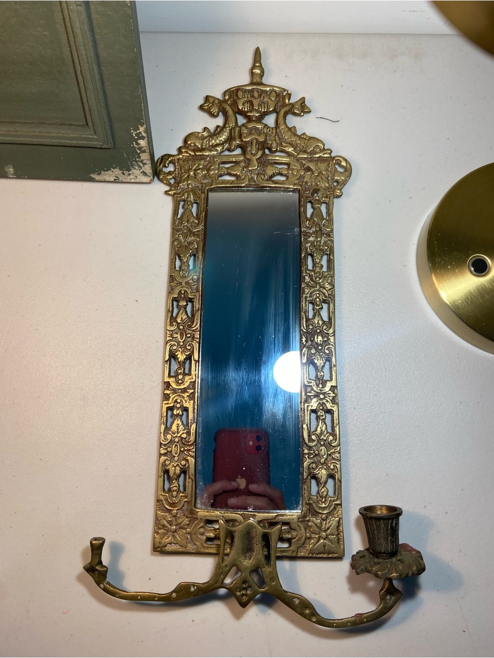 Antique Victorian Gilt Koi Fish Brass Wall Mirror with Candle Holders